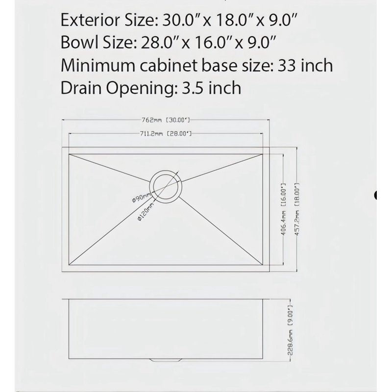 Évier de cuisine encastré 30 po x 18 po x 9 po en acier inoxydable noir de calibre 16 avec ensemble de drain