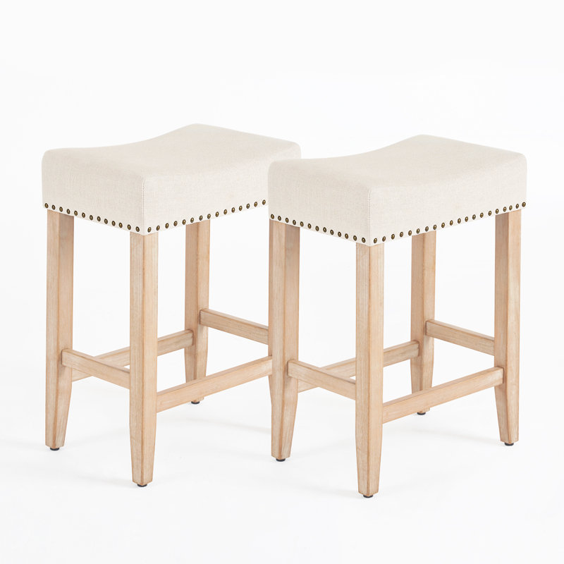 Tabouret de comptoir Rakestraw de 65 cm avec structure en bois, Lin beige, Bois