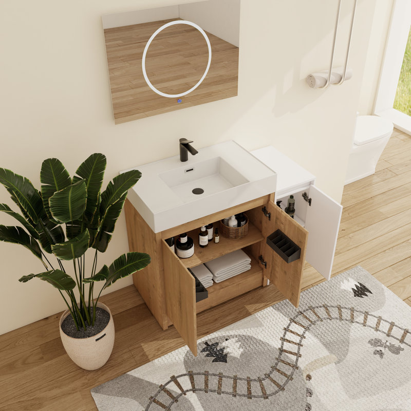 Ensemble de meuble-lavabo simple 42 po avec lavabo en résine Quarnar et armoire de rangement blanche, 42"