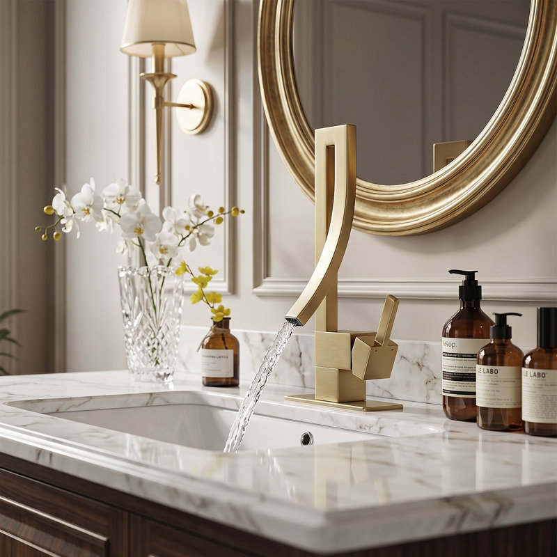 Single Handle Bathroom Faucet With Deck Plate For 1 Hole Or 3 Holes Sink, Brushed Gold