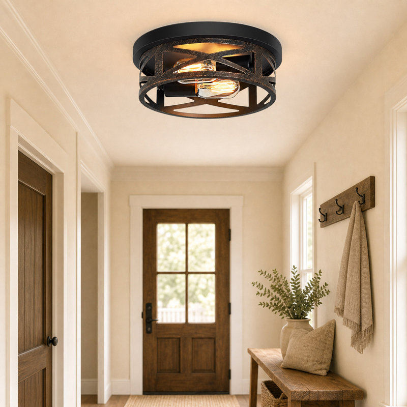 Lot de 2 plafonniers encastrés industriels en bronze mat à 2 lumières, structure métallique ajourée entrecroisée, luminaires de plafond ronds de style ferme pour corridor, cuisine ou entrée.