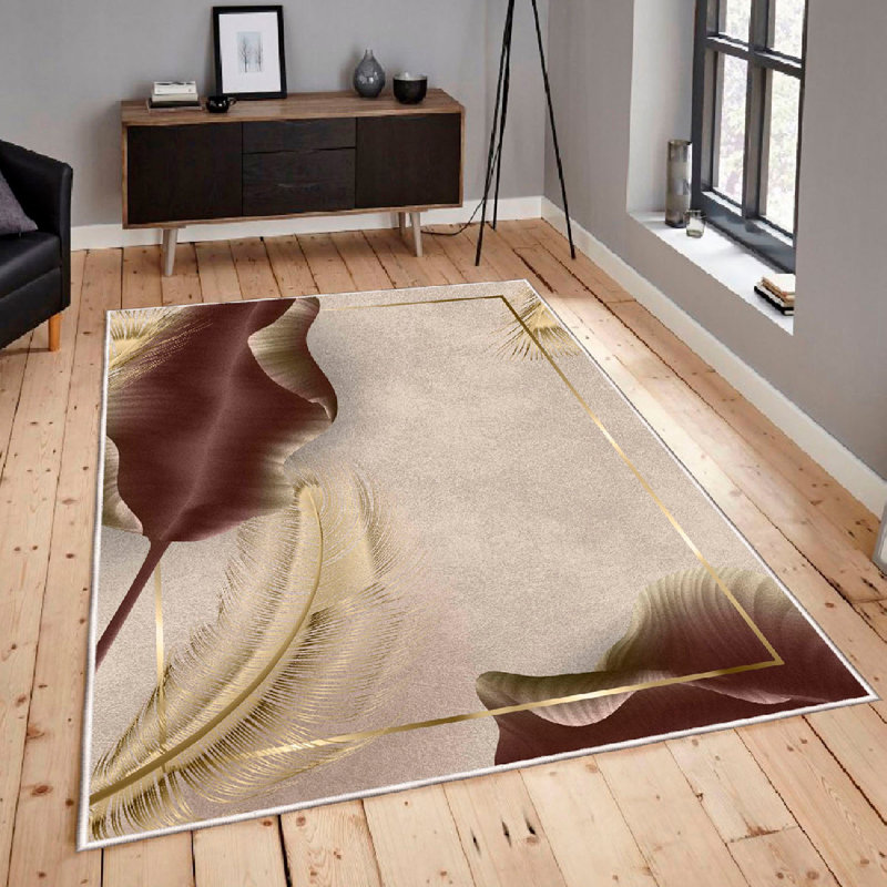 Soft Cotton Area Rug (4.6 x 7.2 ft), Beige & Gold with Brown Accents | 100% Cotton, 1200 gr/m², Pile Height: 0.4 in, Non-Slip PVC Backing, Antibacterial, Machine Washable | Perfect for Living Room & Bedroom Decor
