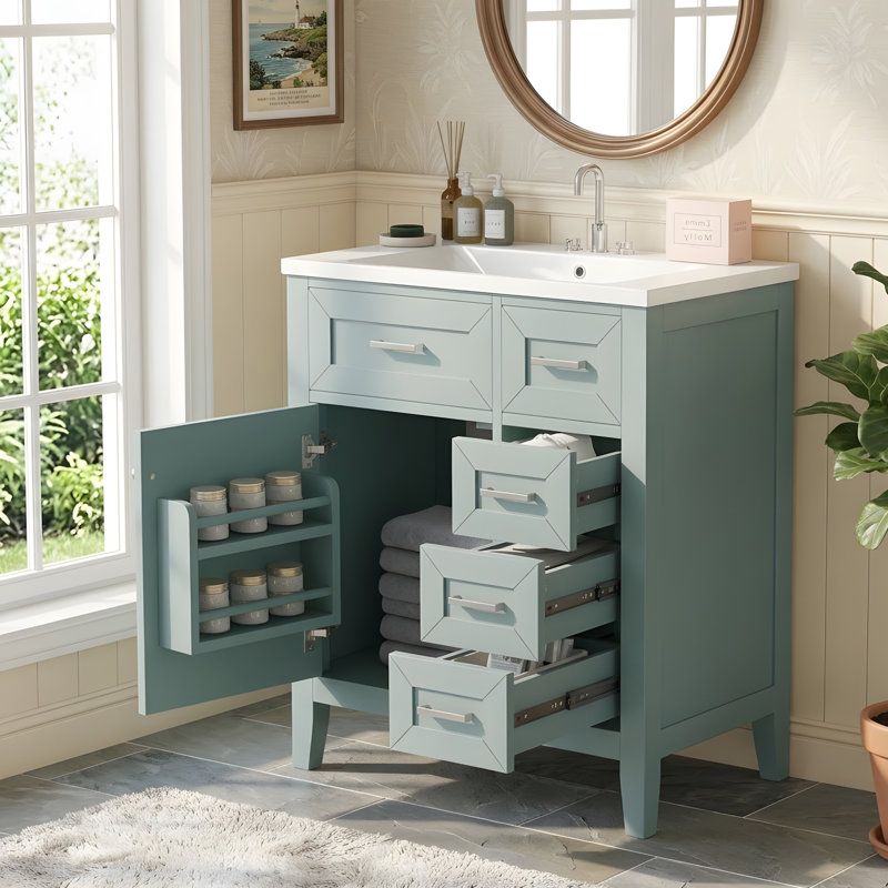 Meuble-lavabo de salle de bain avec lavabo et rangement polyvalent, Vert, 30