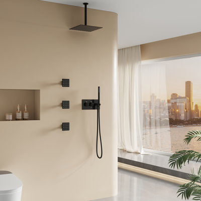 3-Function Ceiling-Mounted Shower System With 12" Ultra-Thin Square Shower Head,Body Jets And Hand Shower (Valve Included)