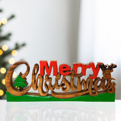 Sculpture en bois faite à la main de joyeux Noël avec sapin - table de Noël moderne décor et cadeau