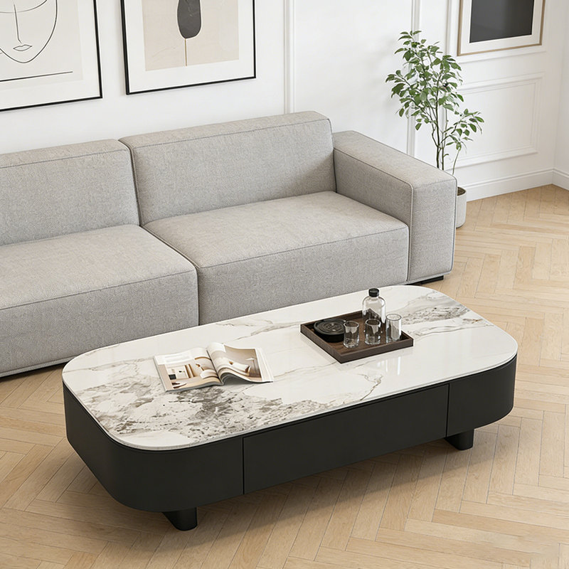 Table basse avec tiroir Luxury Rock, Blanc / Gris, 15.74" H x 47.24" L x 23.62" W, Noir