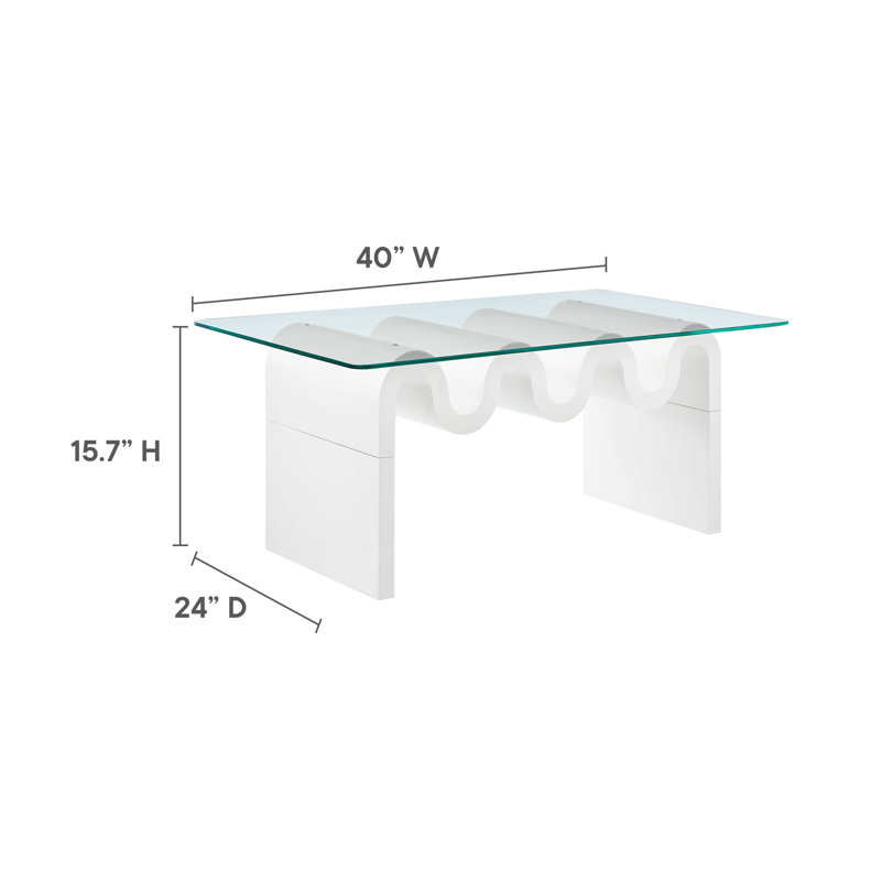 Ondine White Glass and Wood Wave Coffee Table