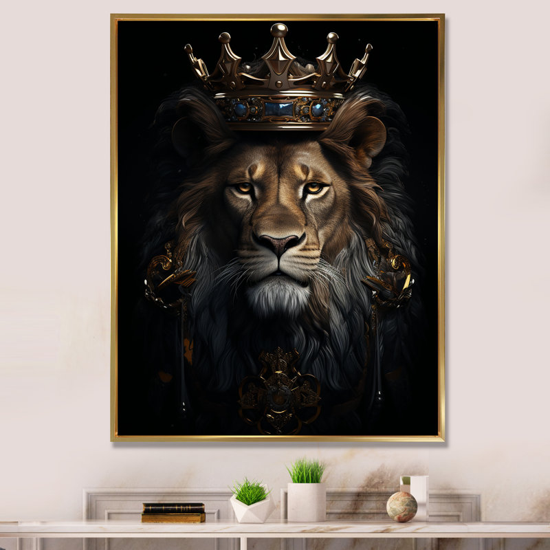 «Majestic Lion King with Golden Crown», reproduction sur toile, 32" H x 16" W, Cadre flottant doré