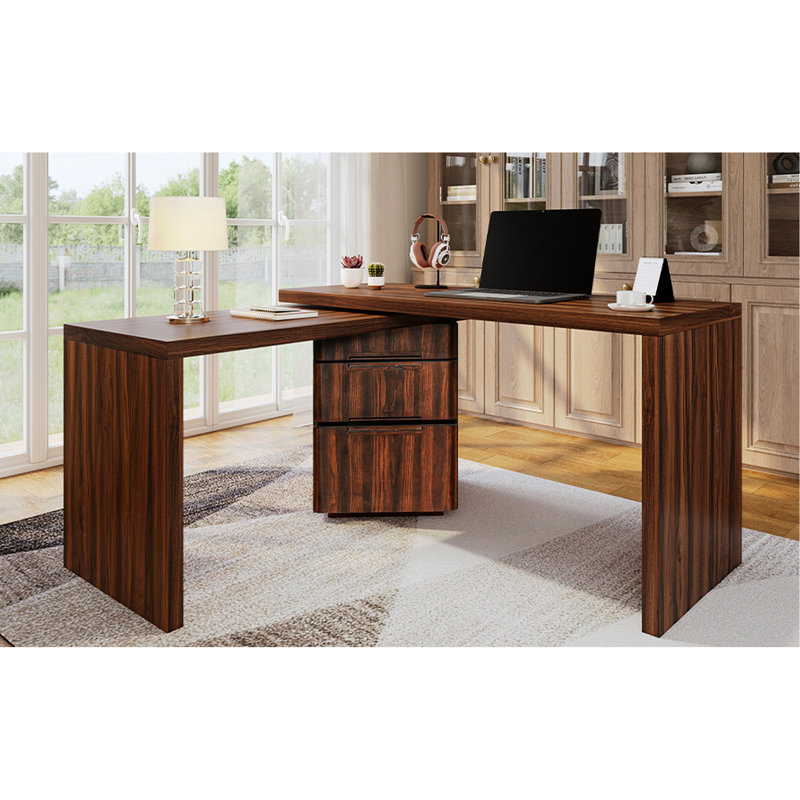 Bureau moderne en forme de L en noyer avec 3 tiroirs et rotation à 360 °, 90 po pour le bureau à domicile en bois tournant, pour le salon