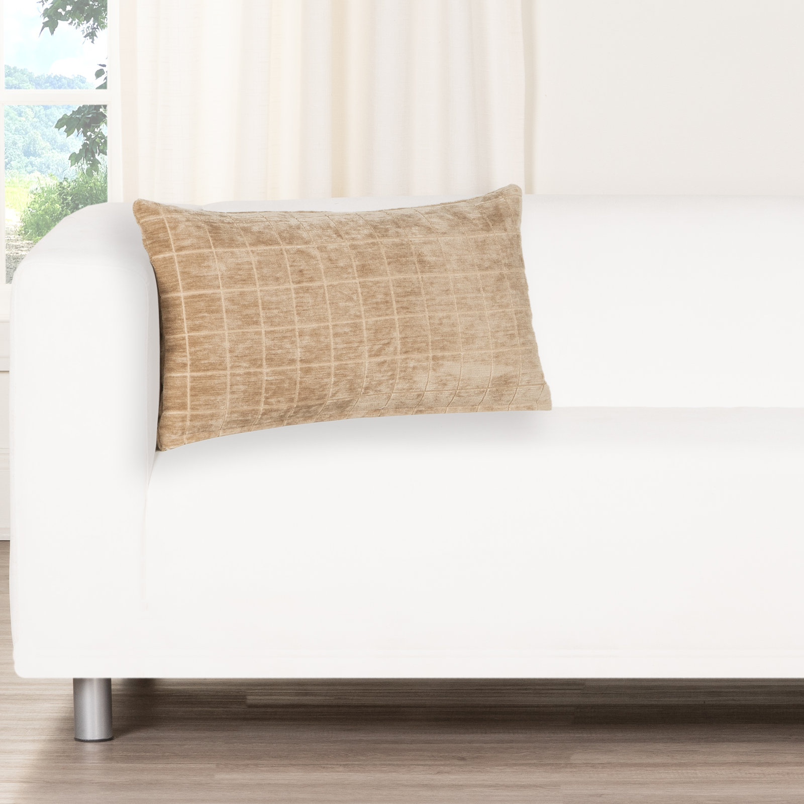 Otterville Velvet Grid Lumbar Pillow, Feather, Beige Geometric, 14"H x 26"W