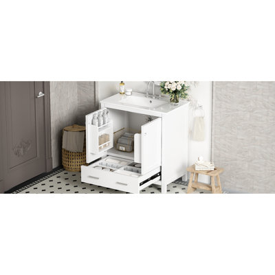 Meuble-lavabo de 30 po, lavabo en céramique blanche, structure en bois massif, 2 portes et 1 tiroir, pour une armoire agréable avec lavabo simple, apparence, production, charnières à fermeture en douceur