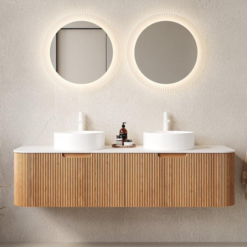 Meuble-lavabo double 60 po avec lavabos en céramique aspect pierre, façades de tiroir cannelées et plateau en marbre artificiel 60 po