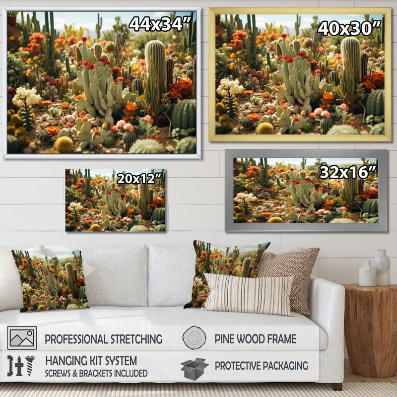 «Broaderick Coral Green Cactus Field I» sur toile, Cadre photo noir, H 34 po x l 44 po x P 1,5 po