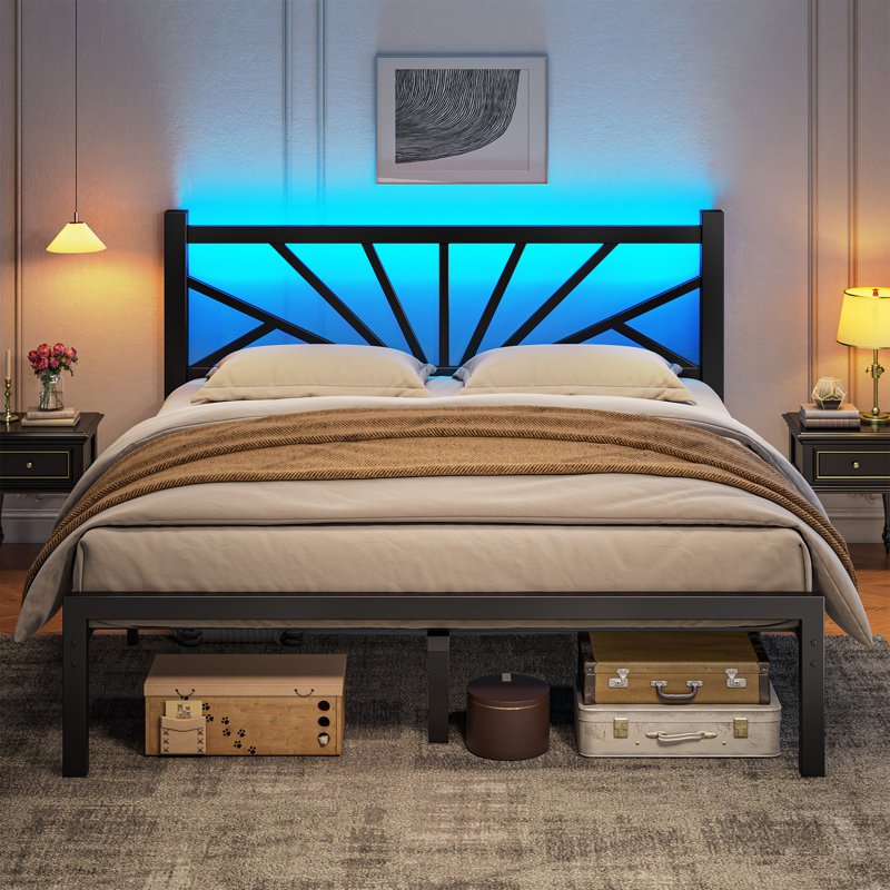 Base de lit en métal avec lumières DEL, cadre de lit avec tête de lit, cadre de lit plateforme robuste et robuste avec espace de rangement, support de lattes en métal robuste, silencieux, pas de sommier tapissier nécessaire