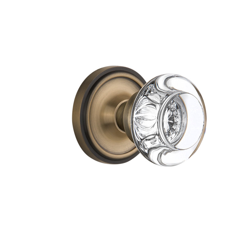 Classic Rosette with Round Clear Crystal Door Knob, Antique Brass, 2.375"