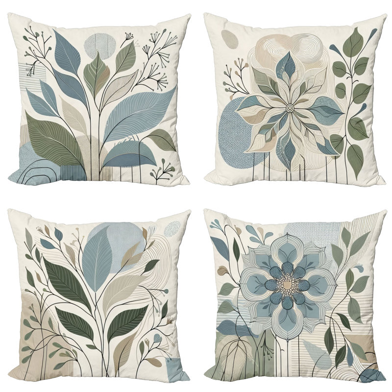 Floral Blue Grey and Laurel Green Polyester Throw Pillow Set