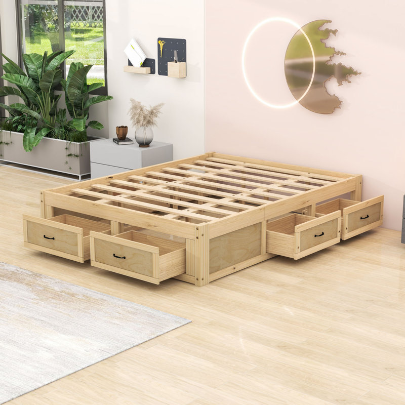 Wooden Platform Bed with 6 Drawers, Antique Natural, Queen