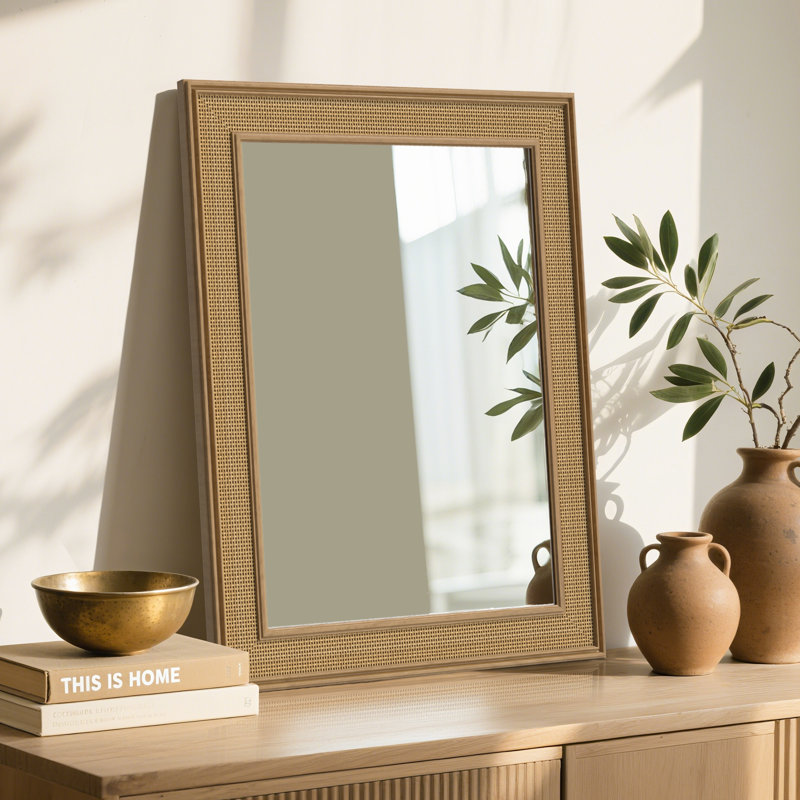 Rexford  Natural Wood Rattan Mirror Farmhouse Wall Decoration, 28" x 22"
