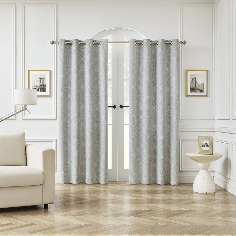 Adria Trellis Embroidered 100% Blackout Grommet Curtain Panel, Gray, 50" W x 84" L