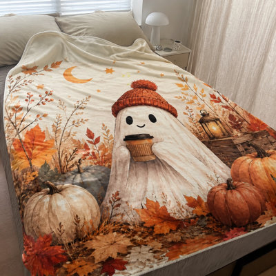 Joli tapis fantôme d'Halloween, jeté sur le thème de l'automne d'automne, fantôme effrayant avec café, décoration saisonnière pour canapé, chambre à coucher, salon, décoration de la maison