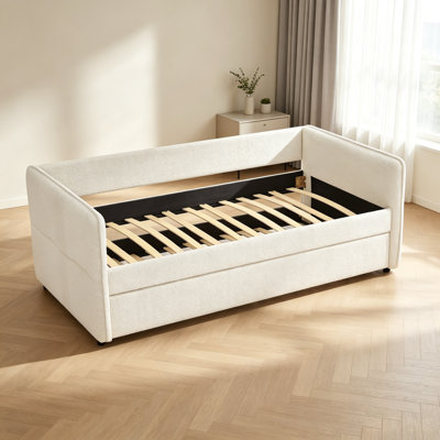 75.8-Inch Beige Bouclé Upholstered Sofa Bed with Pull-Out Trundle – Space-Saving Dual-Purpose Design