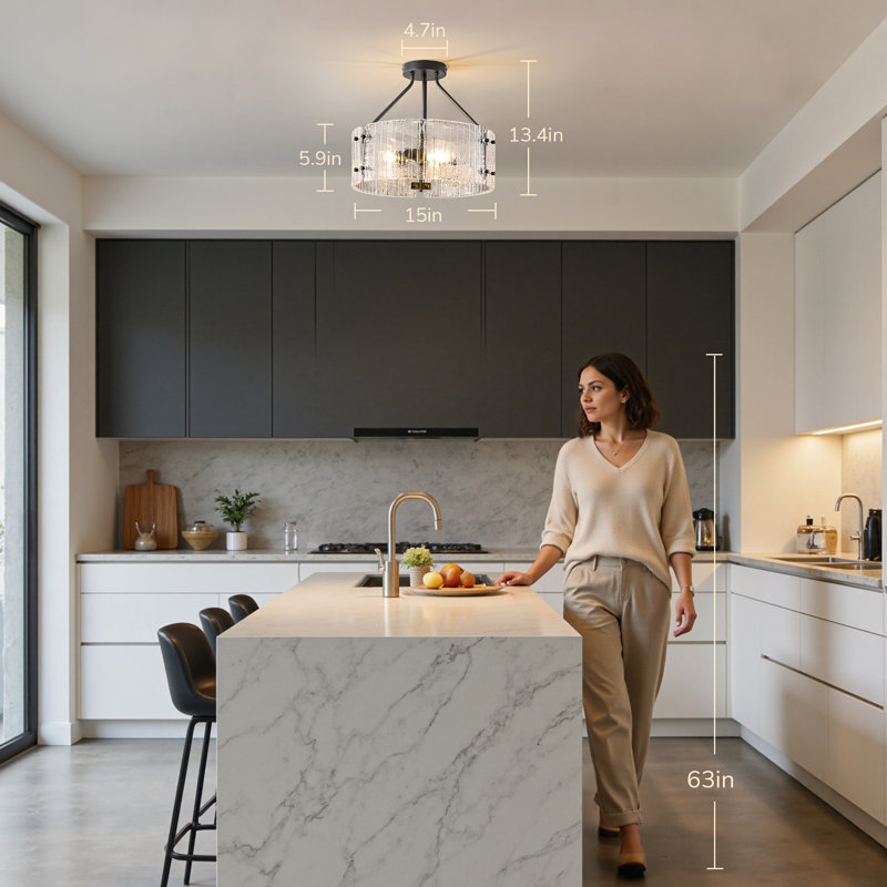 Plafonnier semi-encastré moderne noir mat de 15 pouces, lampe de plafond cylindrique en verre transparent côtelé à 3 lumières