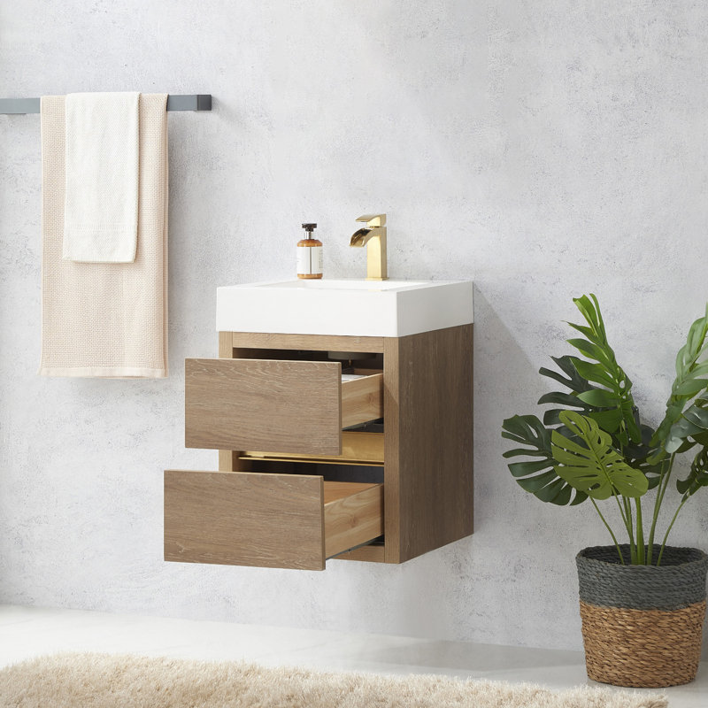 Vali 17.7'' Single Bathroom Vanity with Composite Top, North American Oak Finish, White