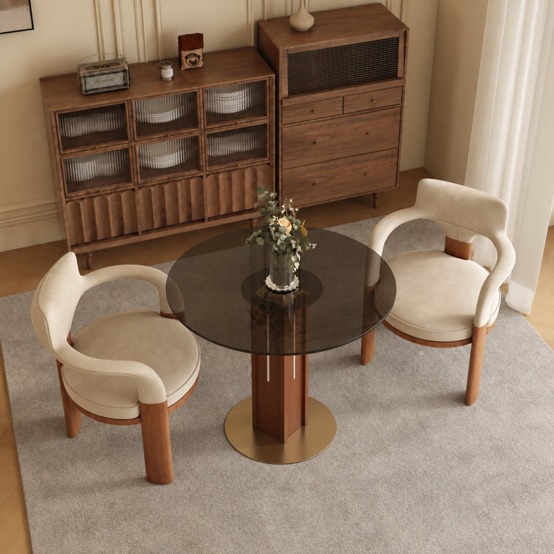 33" Luxe Round Dining Table with Multi-Layer Walnut Pedestal and Brushed Gold Base — Available in Glass, Warm Marble, and Marble Tops