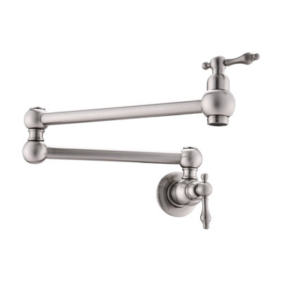Brushed Nickel Pot Filler Faucet For Kitchen, Wall Mount With Foldable Feature, Double Handles Controlled Water Flow, Corrosion Construction Mounted In Nickel, 360 Rotation And Foldable, Consistent