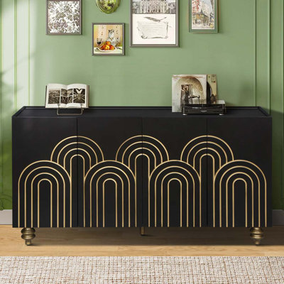 Buffet moderne cannelé avec rangement, élément incurvé avec lignes strictes, armoire de rangement à 4 portes avec tablettes réglables pour la cuisine, la salle à manger et le salon (noir)