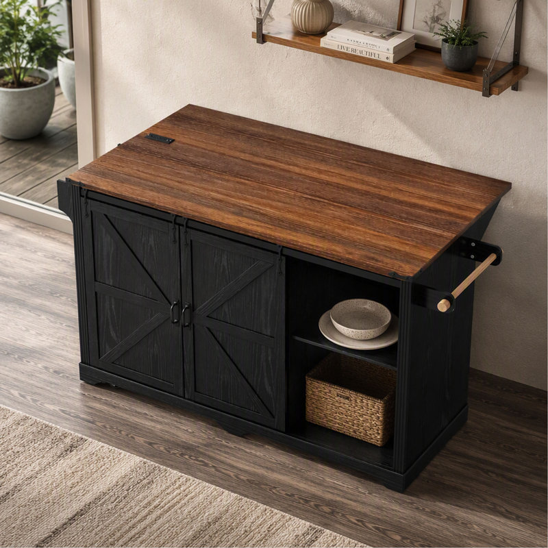 Îlot de cuisine de 72 po avec espace de rangement pour réfrigérateur et prise de courant K&K, Noir