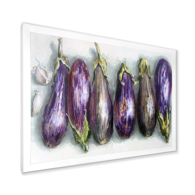 «Eggplants Kitchen Art», reproduction sur toile flottante, H 12 po x l 20 po x P 1 po, Cadre photo blanc