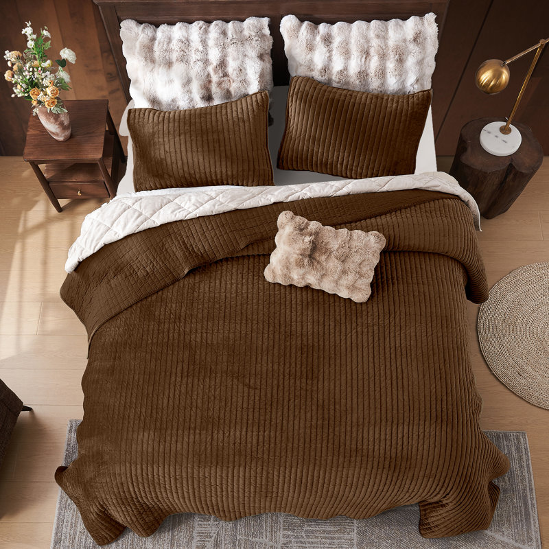 Cocoa Brown Velvet King Quilt Set with Striped Stitching