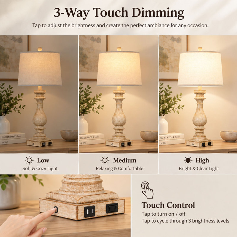 Geigle 29" Farmhouse Dimmable Bedside Table Lamp Set with 3-Way Touch Dimming, USB-A, USB-C & AC Outlet, LED Bulbs Included
