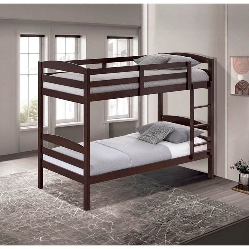 Lit simple au-dessus d'un lit superposé, style transitionnel, conception en arche, finition, bois massif, conception avec insert et verrou