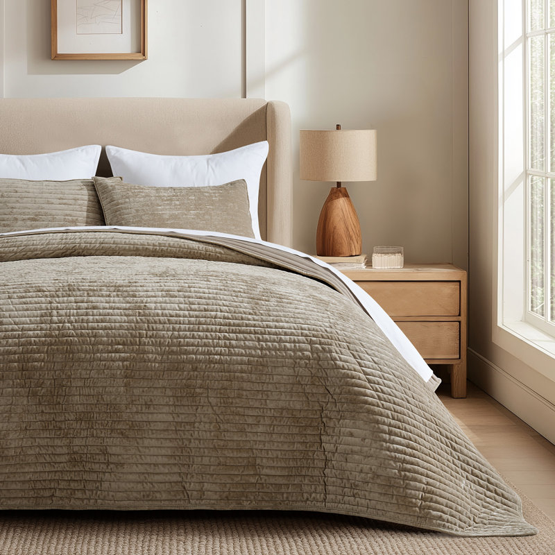 Luxe Velvet Channel Quilt Set, Queen, Camel Brown