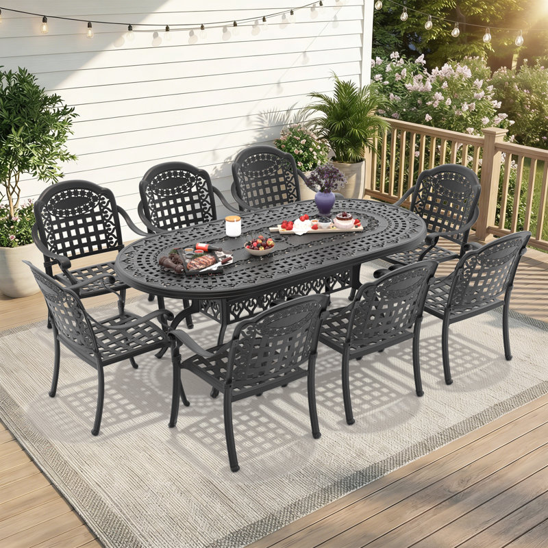 9-Piece Outdoor Dining Set, 81.89"L Oval Table with Umbrella Hole & 8 Stackable Chairs with Blue Cushions, 8
