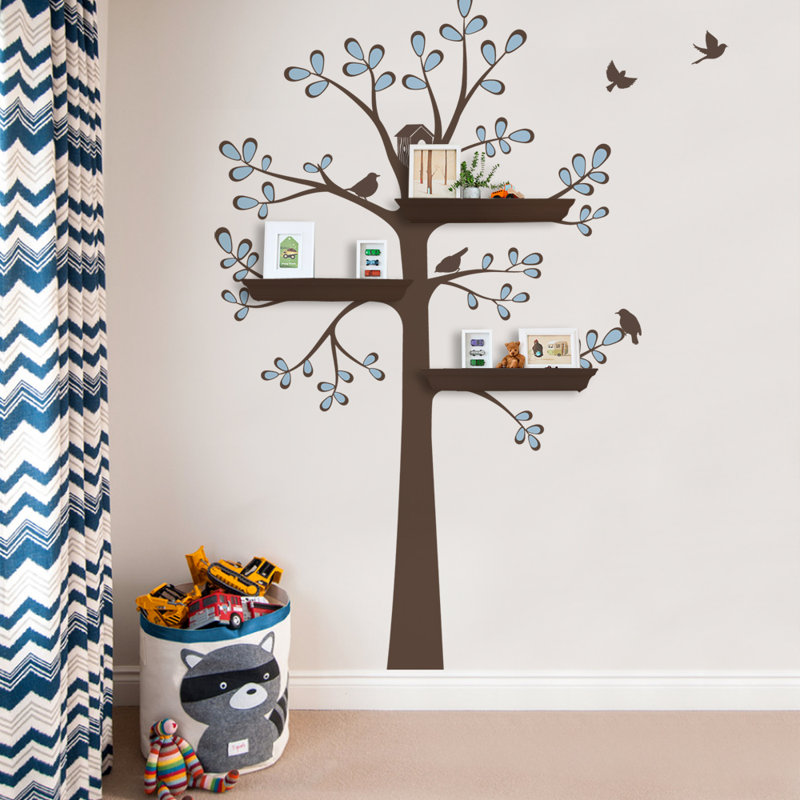 Décalcomanie murale arbre de rayonnage avec oiseaux-nouveau, Blanc perle / bleu