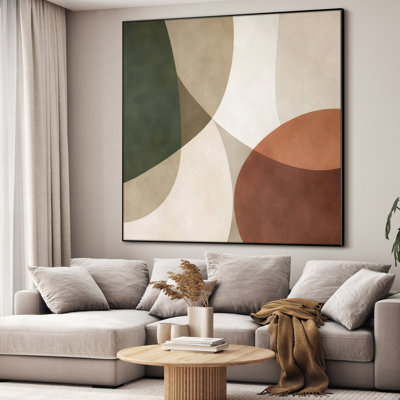 Extra Large Wall Art Fabric Print - Mid Century Geometric Circles in Green Terracotta and Cream for Living Room or Bedroom - "Frame Assembly Required (Unfinished Frame)"