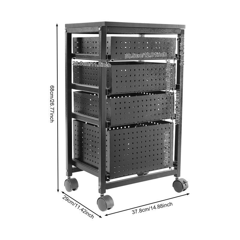 4-Tiermodern Black Rectangle File Storage Drawer Carts Carbon Steel File Storage Organizer On Wheels