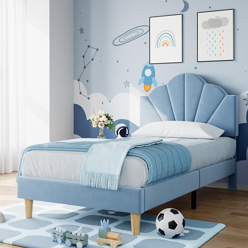 Velvet Upholstered Platform Bed Frame With Height Adjustable Headboard, Blue