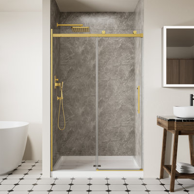 Porte de douche coulissante sans cadre l 44 à 48 po x H 74 po, verre trempé de 1/4 po (6 mm) avec revêtement antidéflagrant et revêtement Nano, bouchon brossé inclus, or brossé
