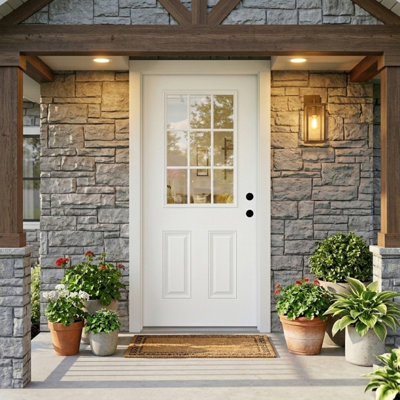 Fiberglass Entry Door Slab, 9 Lite Low-E Glass - Front Door Slab for Home's Entrance, Left Hand Inswing,Smooth Knock-Down Door Slab(Door frame not included)