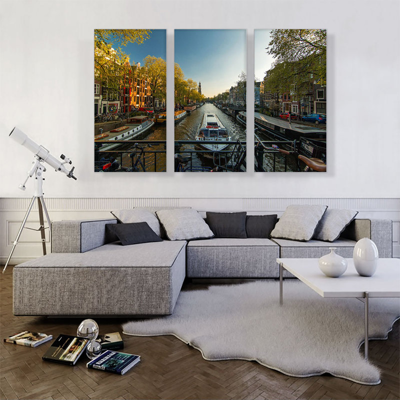 Canal of Amsterdam, Pays-Bas, ensemble de 3 reproductions de photos sur toiles tendues, H 40 po x l 60 po x 1,5 po