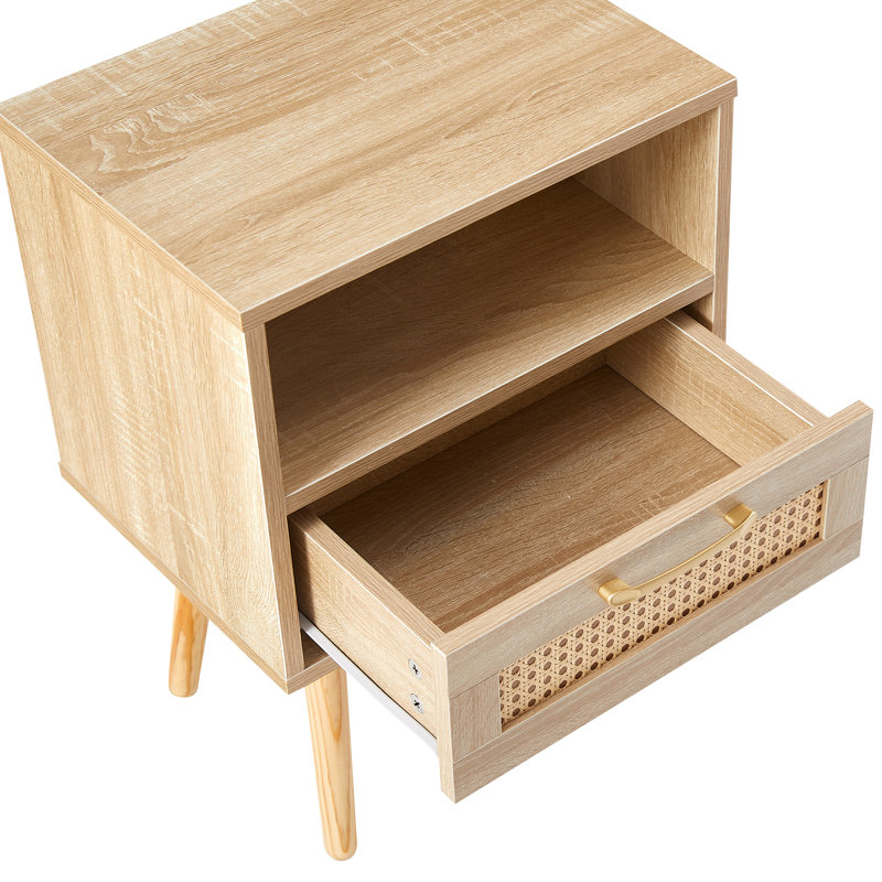 Table de bout en rotin 15,75 po avec tiroir et pieds en bois massif, Naturel