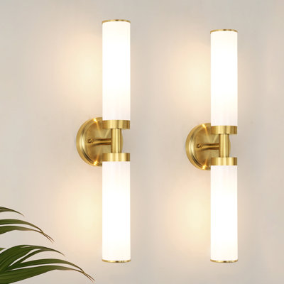Brass Gold 2-light Hardwired Bathroom Wall Sconce With White Glass Shades - Set Of 2 Modern Vanity Fixtures For Mirror & Hallway Lighting