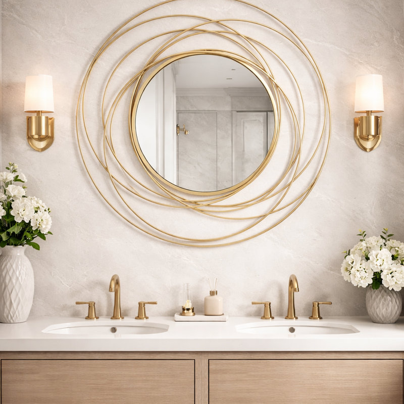 Miroir mural rond en métal, miroir mural décoratif avec cercles superposés, Doré