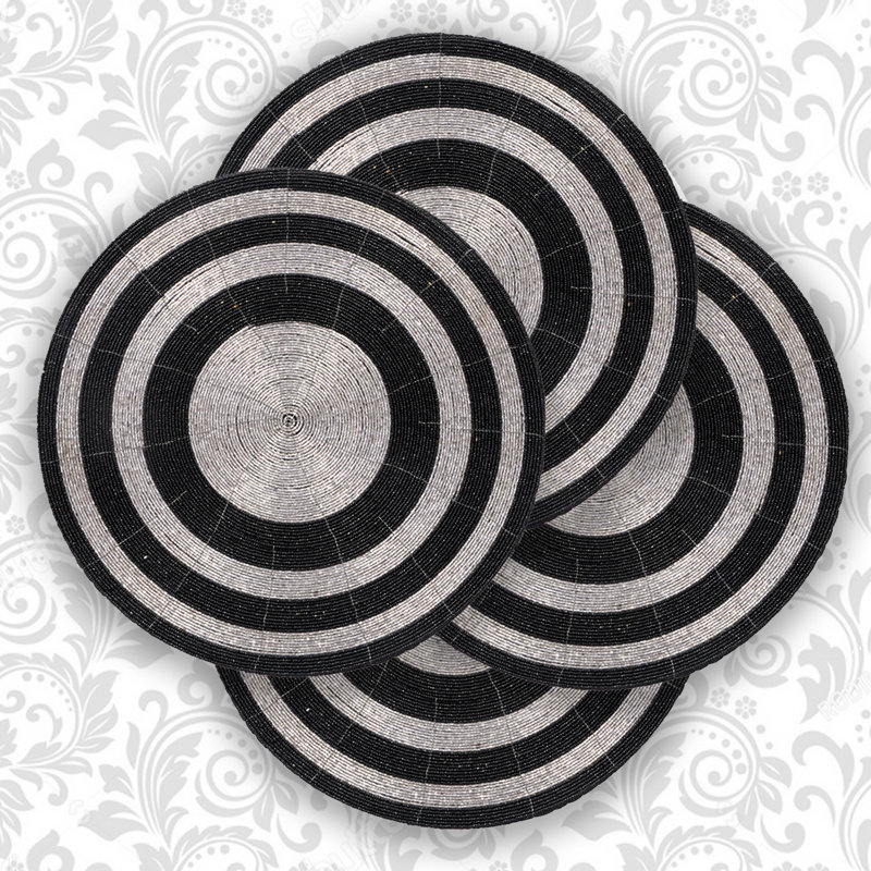Penman Handmade Round Beaded Placemats Set of 4 – 14-inch Scratch-Resistant Table Decor Christmas Gift, Black/Silver