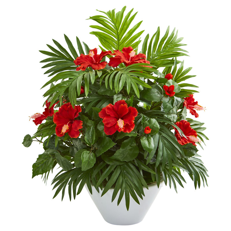 Hibiscus et aréca palmier à fleurs artificielles en bol