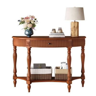 Solid Wood Half Moon Console Table with Drawer & Shelf